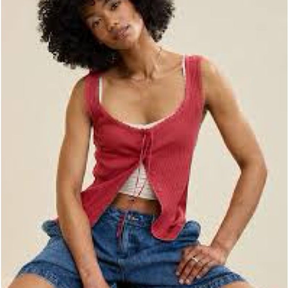 Aerie Ribbed Button Front Tank – Red | M | Good